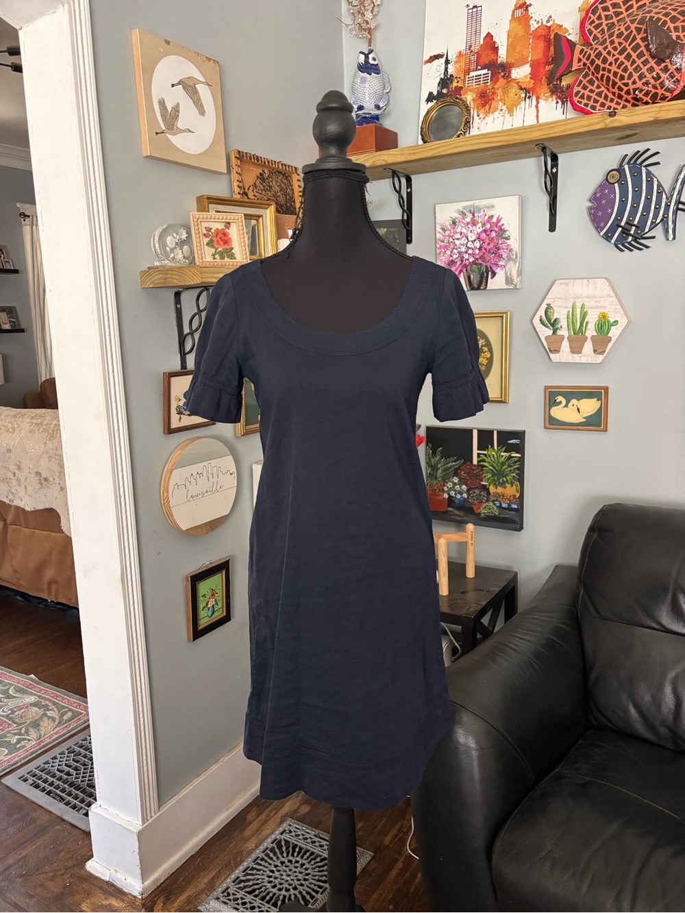 Theory Arna linen blend dress short sleeve navy blue minimalist lagenlook size 2